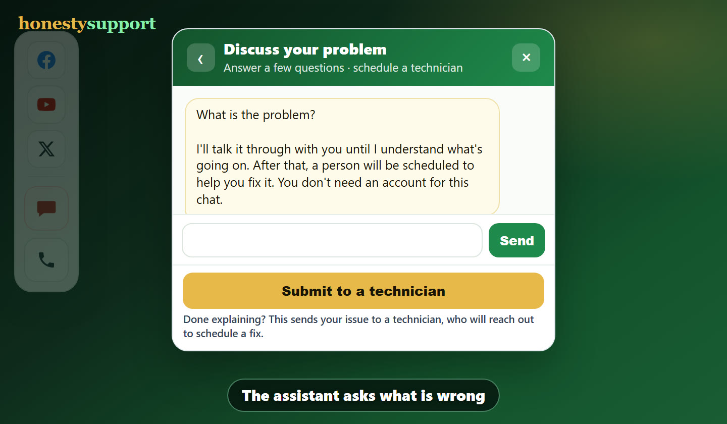 Demo: open the chat list, choose Discuss your problem, explain the issue, and submit to a technician